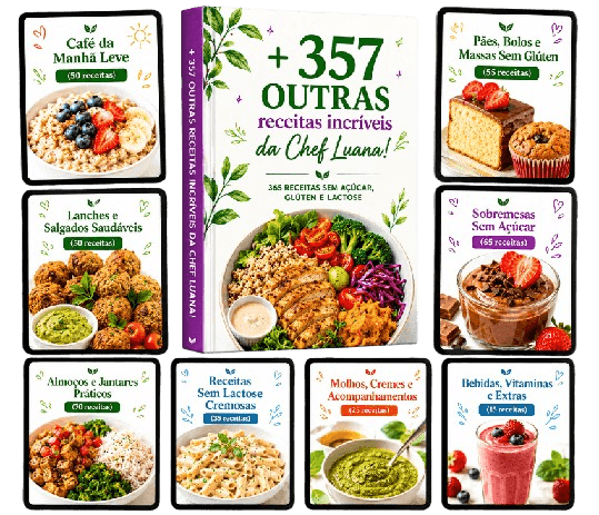 Mosaico com prévia das 357 receitas extras da Chef Luana